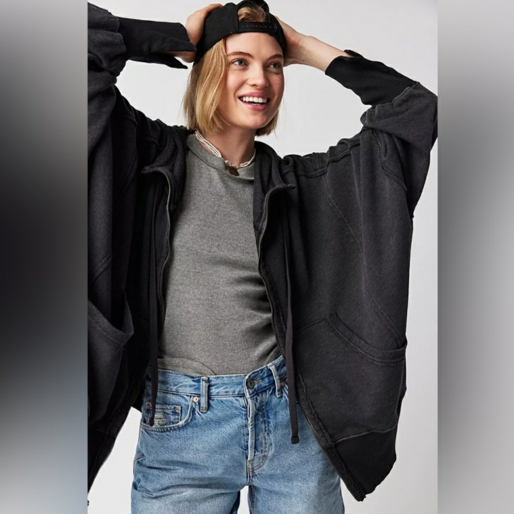 Free People Hoodie Zip Camden Black Medium nwt - Picture 3 of 10